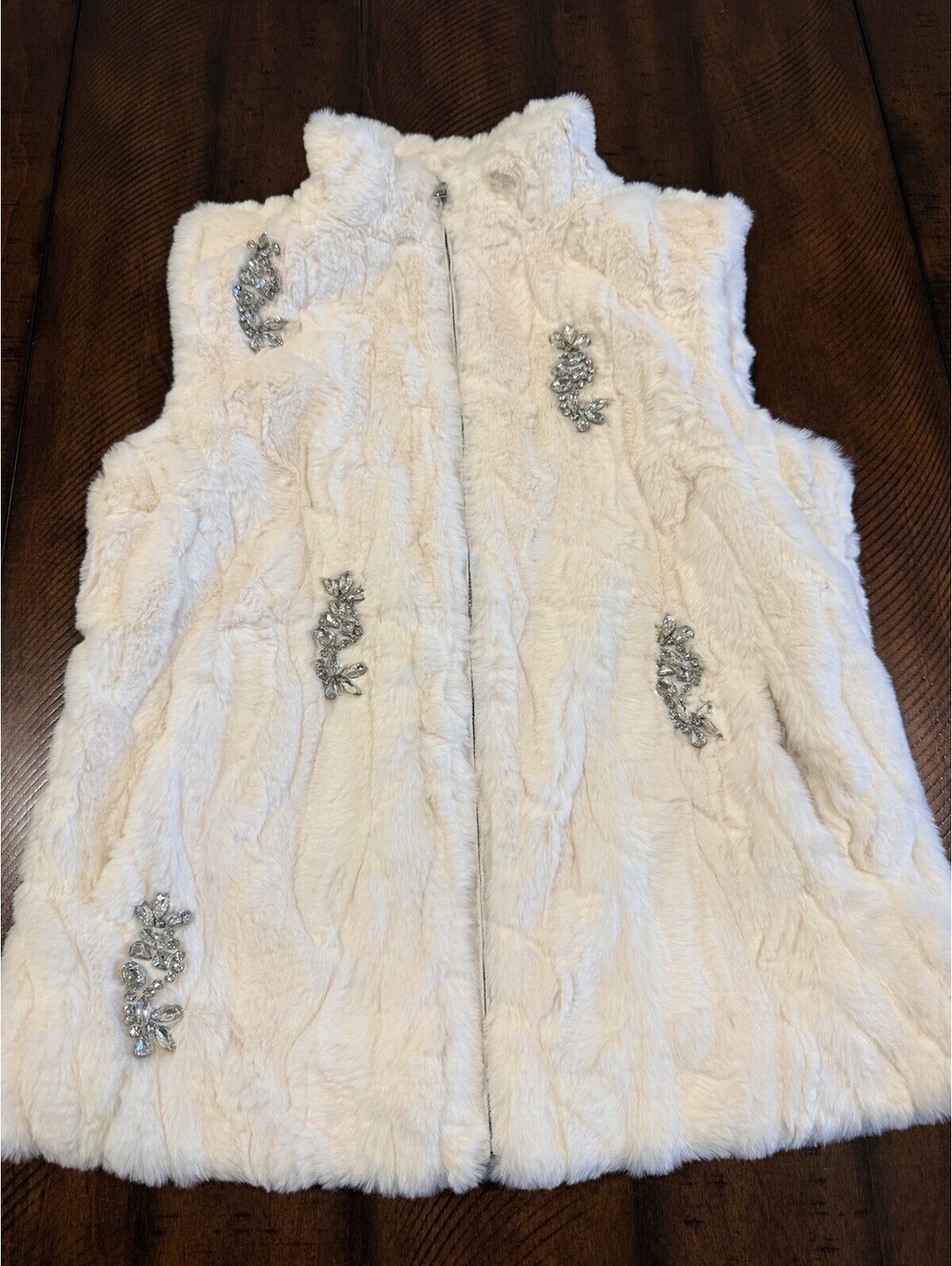 Colleen Lopez Rhinestone Embellished Faux Fur Vest - Off White - Size XXS